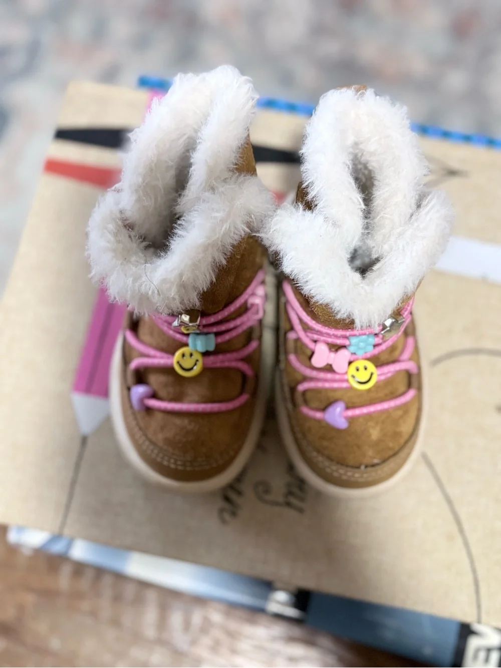 Carter's Tan Faux-Fur Kids Boots with Pink Accent Laces